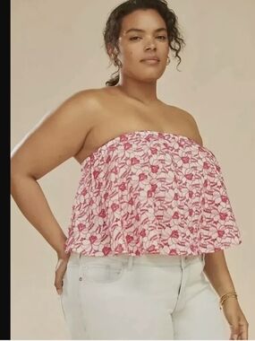 NWT Anthropologie Embroidered Strapless Bandeau Top. White/Pink. 2XL